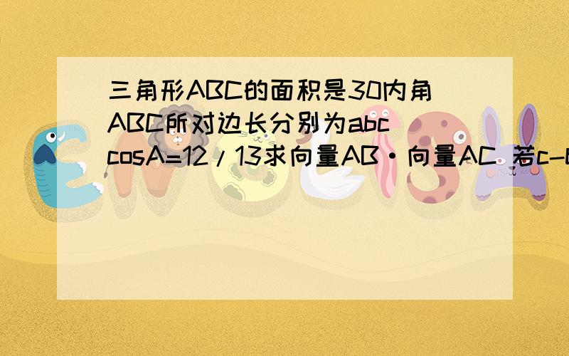 三角形ABC的面积是30内角ABC所对边长分别为abc cosA=12/13求向量AB·向量AC 若c-b=1求a的值