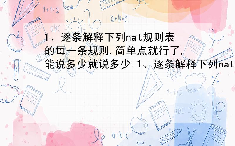 1、逐条解释下列nat规则表的每一条规则.简单点就行了,能说多少就说多少.1、逐条解释下列nat规则表的每一条规则.*nat:PREROUTING ACCEPT [735:68109]:POSTROUTING ACCEPT [157:11021]:OUTPUT ACCEPT [146:10385]-A PREROU