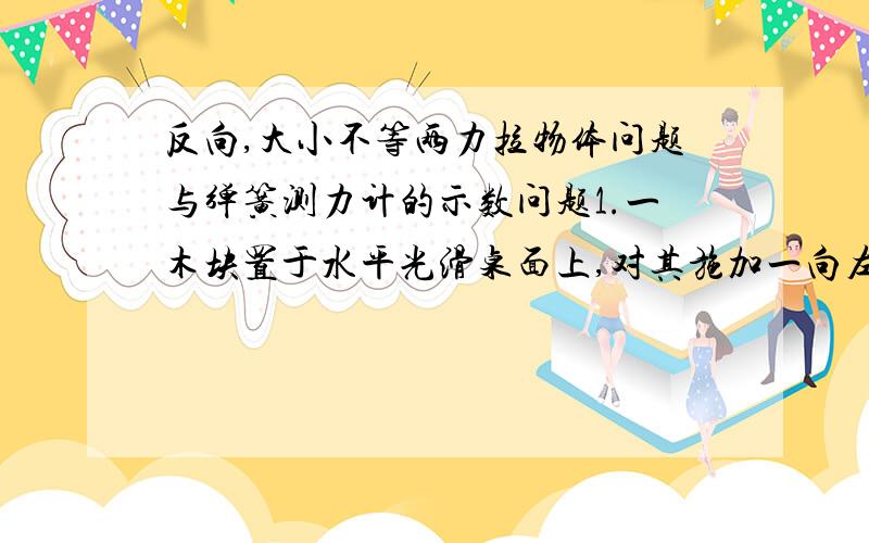 反向,大小不等两力拉物体问题与弹簧测力计的示数问题1.一木块置于水平光滑桌面上,对其施加一向左的力F1=4N,以及一向右的力F2=4N,问木块所受拉力.2.一木块置于水平光滑桌面上,对其施加一