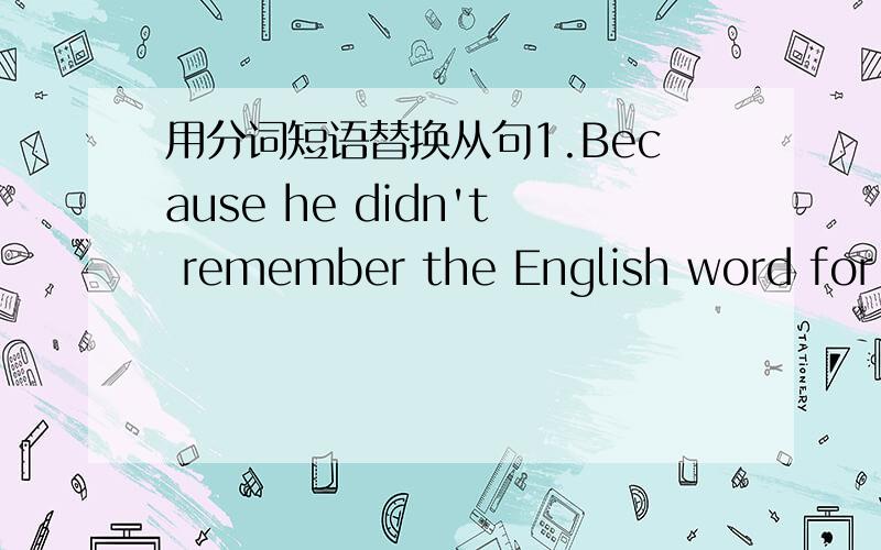 用分词短语替换从句1.Because he didn't remember the English word for eggs,he showed the picture of an egg to the waiter.2.Do you know the number of the people who will come to the party?3.If weather permits tomorrow,we're going out picnic.4.A