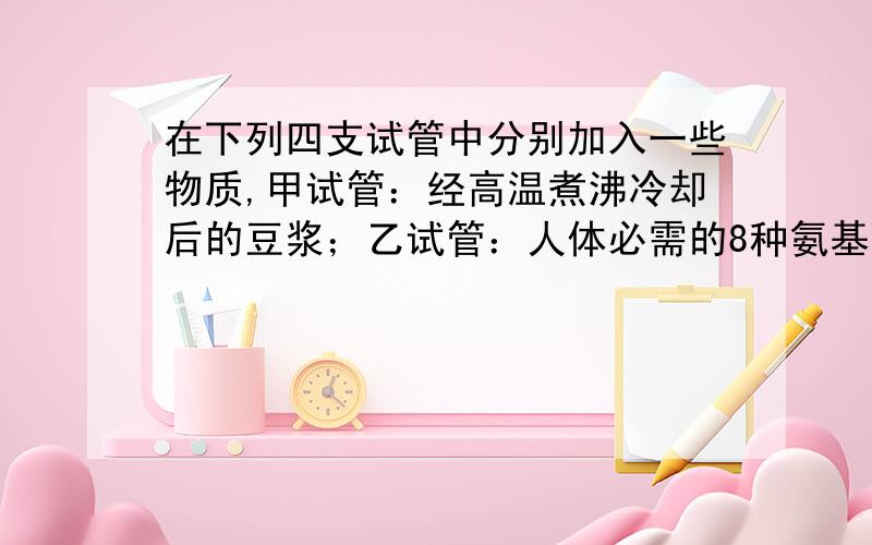 在下列四支试管中分别加入一些物质,甲试管：经高温煮沸冷却后的豆浆；乙试管：人体必需的8种氨基酸；丙试管：蛋清和蛋白酶；丁试管：人血液中的红细胞和蒸馏水,则上述四支试管中加