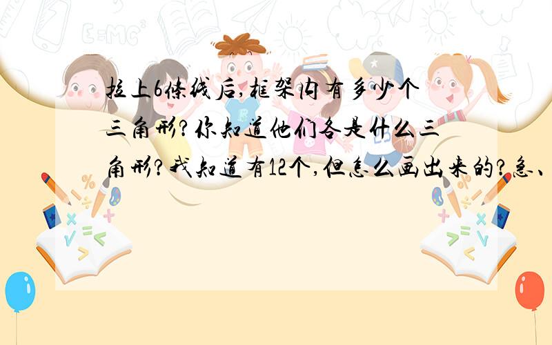 拉上6条线后,框架内有多少个三角形?你知道他们各是什么三角形?我知道有12个,但怎么画出来的?急、越快越好