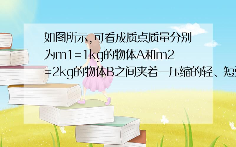 如图所示,可看成质点质量分别为m1=1kg的物体A和m2=2kg的物体B之间夹着一压缩的轻、短弹簧,两物体用细线绑着放在水平传送带上,物体与传送带间的动摩擦因数均为0.2,传送带两端与光滑水平地