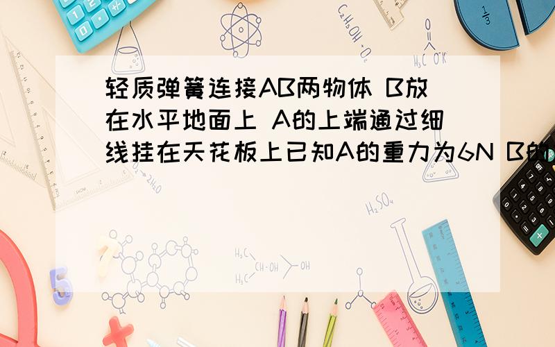 轻质弹簧连接AB两物体 B放在水平地面上 A的上端通过细线挂在天花板上已知A的重力为6N B的重力轻质弹簧连接AB两物体 B放在水平地面上 A的上端通过细线挂在天花板上已知A的重力为6N B的重力