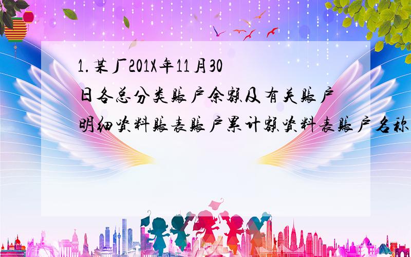 1.某厂201X年11月30日各总分类账户余额及有关账户明细资料账表账户累计额资料表账户名称借方余额         账户名称     贷方余额库存现金             1300              短期借款       42900银行存款