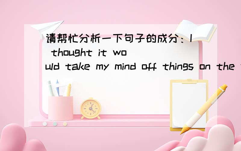 请帮忙分析一下句子的成分：I thought it would take my mind off things on the way home.解释一下最后的home的用法和词性.