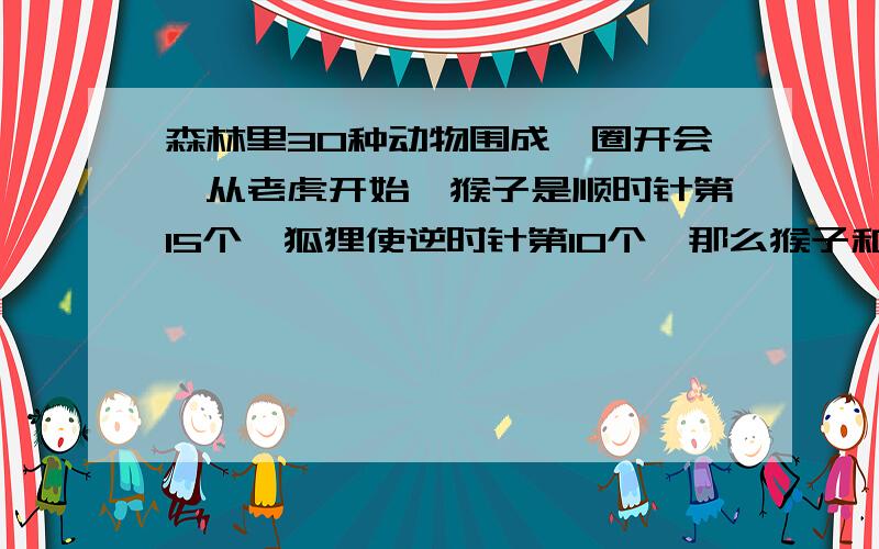 森林里30种动物围成一圈开会,从老虎开始,猴子是顺时针第15个,狐狸使逆时针第10个,那么猴子和狐狸之间相隔了几个动物?（要分析过程）