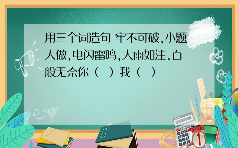 用三个词造句 牢不可破,小题大做,电闪雷鸣,大雨如注,百般无奈你（  ）我（  ）