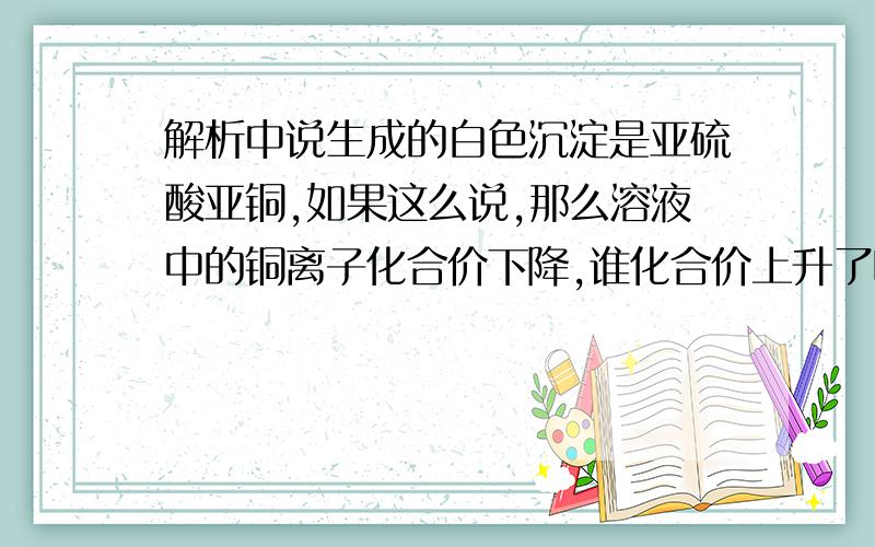 解析中说生成的白色沉淀是亚硫酸亚铜,如果这么说,那么溶液中的铜离子化合价下降,谁化合价上升了呢?当向蓝色的CuSO4溶液中逐滴加入氨水时,观察到首先生成蓝色沉淀,而后沉淀又逐渐溶解