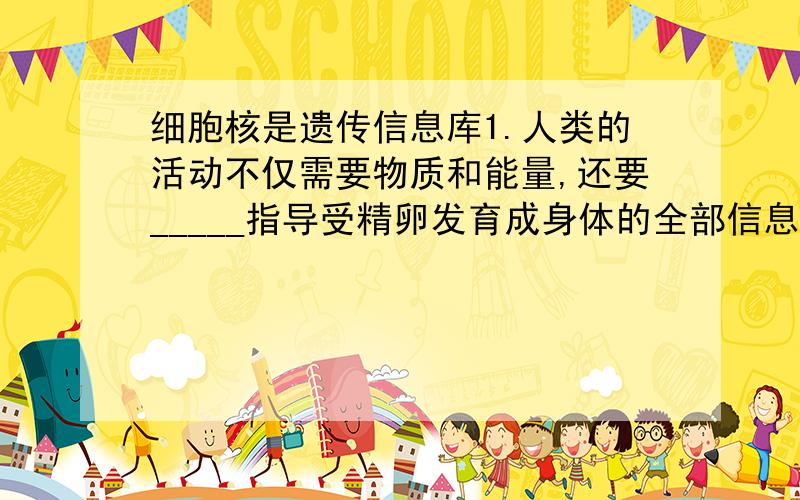 细胞核是遗传信息库1.人类的活动不仅需要物质和能量,还要_____指导受精卵发育成身体的全部信息是由父母遗传下来,因而叫做_______.2.DNA分子上具有特定遗传信息和特定遗传功能的片段叫做___