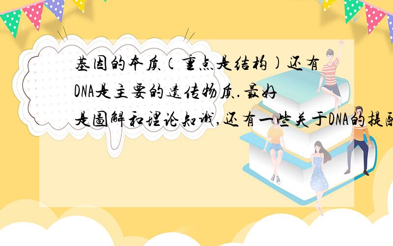 基因的本质（重点是结构)还有DNA是主要的遗传物质.最好是图解和理论知识,还有一些关于DNA的提醒（要有答案的!）.