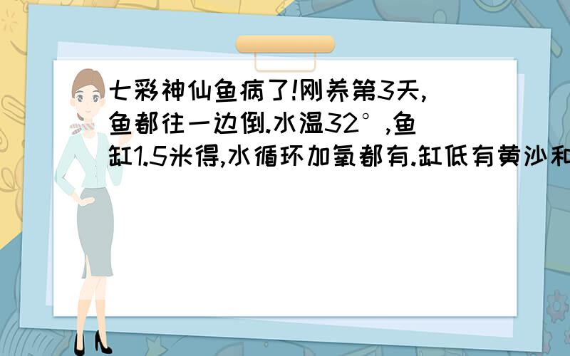 七彩神仙鱼病了!刚养第3天,鱼都往一边倒.水温32°,鱼缸1.5米得,水循环加氧都有.缸低有黄沙和水草.七彩鱼16只,各种花纹都有,重要是黑色和偏大的七彩鱼一边倒,个别尾部向下打拉着,鱼缸里还