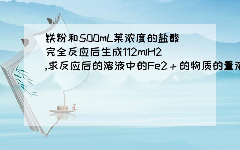 铁粉和500mL某浓度的盐酸完全反应后生成112mlH2,求反应后的溶液中的Fe2＋的物质的量浓度