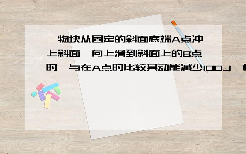 一物块从固定的斜面底端A点冲上斜面,向上滑到斜面上的B点时,与在A点时比较其动能减少100J,机械能减少30J.当它再次返回A点时,动能为100J,那么当它刚冲上斜面通过A点时具有动能为_____( 250 )___