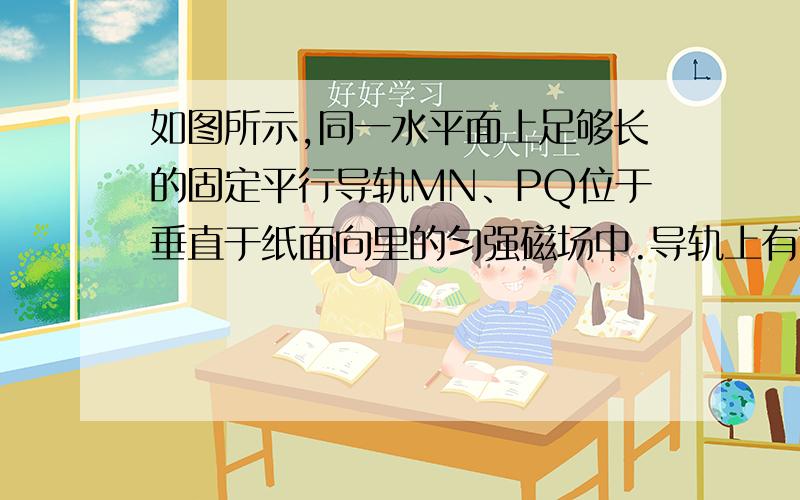 如图所示,同一水平面上足够长的固定平行导轨MN、PQ位于垂直于纸面向里的匀强磁场中.导轨上有两根金属棒ab、cd,能沿导轨无摩擦滑动,金属棒和导轨间的接触电阻不计,开始ab、cd都静止.现给c