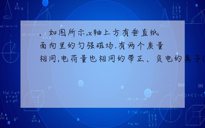 ．如图所示,x轴上方有垂直纸面向里的匀强磁场.有两个质量相同,电荷量也相同的带正、负电的离子(不计重力),以相同速度从O点射入磁场中,射入方向与x轴夹角为θ.则正、负离子在磁场中ᙦ