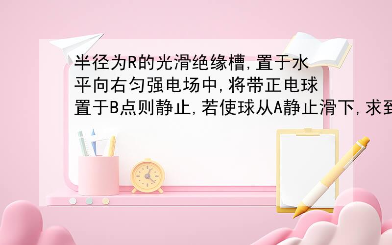 半径为R的光滑绝缘槽,置于水平向右匀强电场中,将带正电球置于B点则静止,若使球从A静止滑下,求到底部D点速度及左滑最高点A点为半圆绝缘槽的最右点,B与圆心的连线与D与圆心的连线成30°,