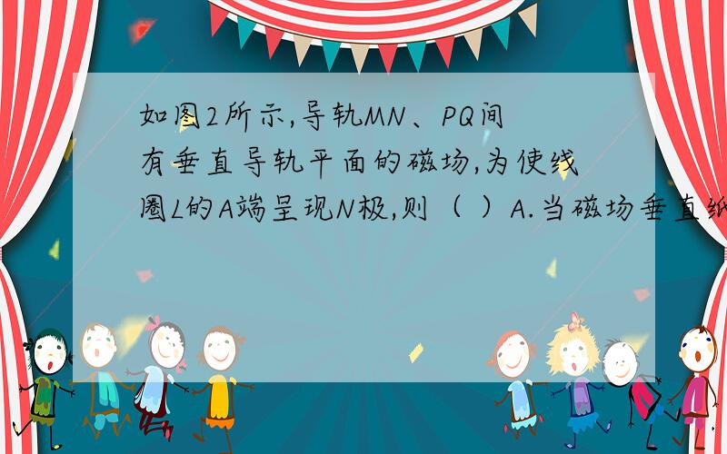 如图2所示,导轨MN、PQ间有垂直导轨平面的磁场,为使线圈L的A端呈现N极,则（ ）A.当磁场垂直纸面进去时,ab向上运动 B.当磁场垂直纸面进去时,ab向下运动   C.当磁场垂直纸面出来时,ab向上运动 D.