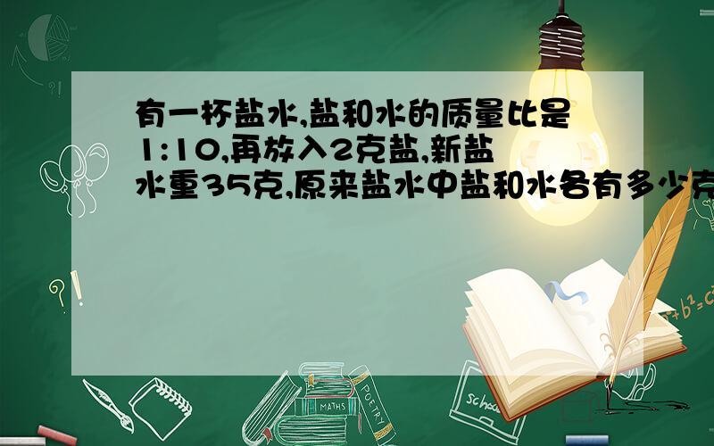 有一杯盐水,盐和水的质量比是1:10,再放入2克盐,新盐水重35克,原来盐水中盐和水各有多少克?