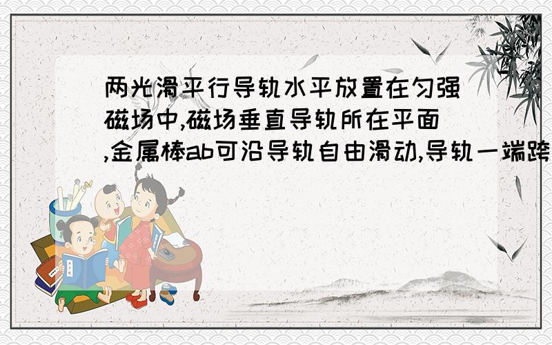 两光滑平行导轨水平放置在匀强磁场中,磁场垂直导轨所在平面,金属棒ab可沿导轨自由滑动,导轨一端跨接一个定值电阻R,导轨电阻不计,现将金属棒沿导轨由静止向右拉.若保持拉力恒定,经时间