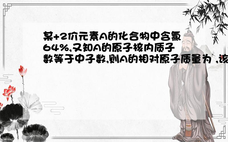 某+2价元素A的化合物中含氯64%,又知A的原子核内质子数等于中子数,则A的相对原子质量为 ,该氯化物的化学是为 ,相对分子质量为 .我们老师要具体过程,