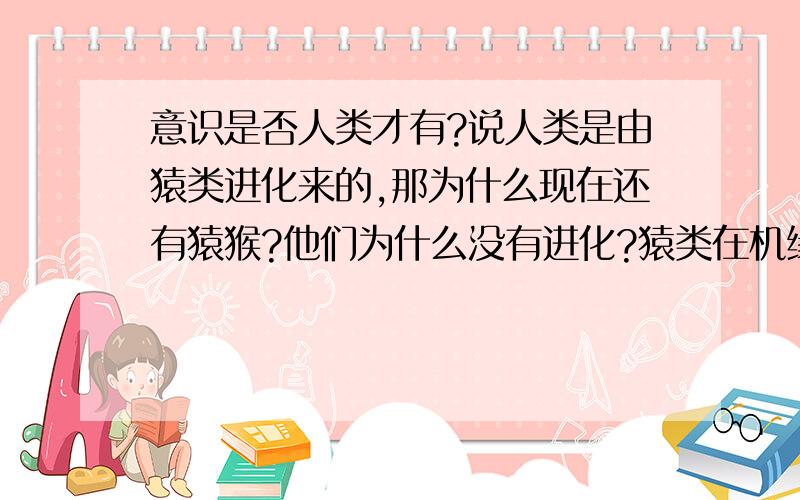 意识是否人类才有?说人类是由猿类进化来的,那为什么现在还有猿猴?他们为什么没有进化?猿类在机缘巧合下进化了正式产生意识,是否就说明我们达到宇宙筛选的第一个条件