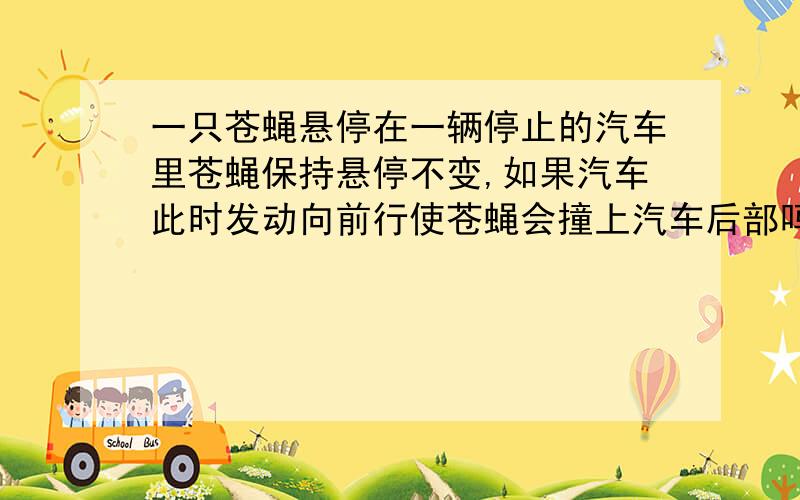 一只苍蝇悬停在一辆停止的汽车里苍蝇保持悬停不变,如果汽车此时发动向前行使苍蝇会撞上汽车后部吗?苍蝇是在汽车中央的请注意啊:苍蝇是保持它的位置不变的,一直停在空中那个位置,它