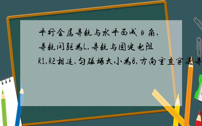 平行金属导轨与水平面成θ角,导轨间距为L,导轨与固定电阻R1,R2相连,匀磁场大小为B,方向垂直穿过导轨平面有一导棒ab,质量为m,导体棒的电阻与固定电阻R1,R2的阻值均相等为R,与导轨之间动摩擦