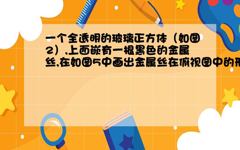 一个全透明的玻璃正方体（如图2）,上面嵌有一根黑色的金属丝,在如图5中画出金属丝在俯视图中的形状．这套卷子的选择第三题,请给出的答案是图,和为什么（略说一下就行了）