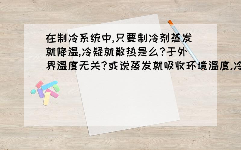 在制冷系统中,只要制冷剂蒸发就降温,冷疑就散热是么?于外界温度无关?或说蒸发就吸收环境温度.冷疑就向环境散热.于环境温度有什么关系或有没有关系?