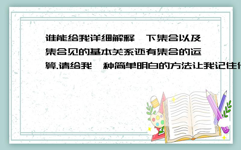 谁能给我详细解释一下集合以及集合见的基本关系还有集合的运算.请给我一种简单明白的方法让我记住什么包含于,真包含,属于,等概念补集和全集的解释,总的来说就是温州高一的数学第一