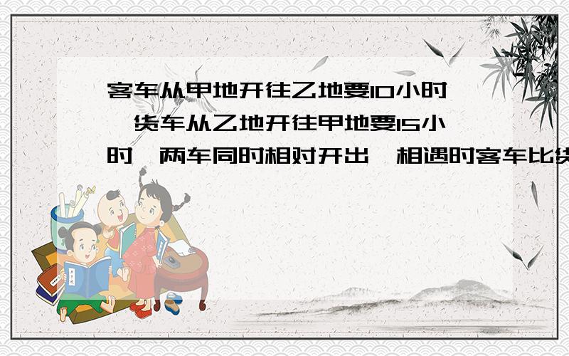 客车从甲地开往乙地要10小时,货车从乙地开往甲地要15小时,两车同时相对开出,相遇时客车比货车多行驶96千米,问甲乙两地相距多少千米?要列出算式!