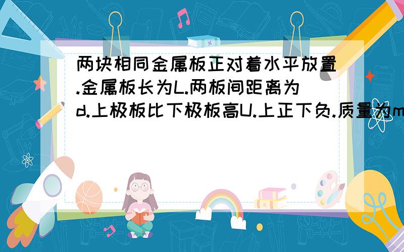 两块相同金属板正对着水平放置.金属板长为L.两板间距离为d.上极板比下极板高U.上正下负.质量为m带电量为q的正离子束.沿着两板间中心轴线.以初速v0进入两板间.最终都能从两板间射出.不计