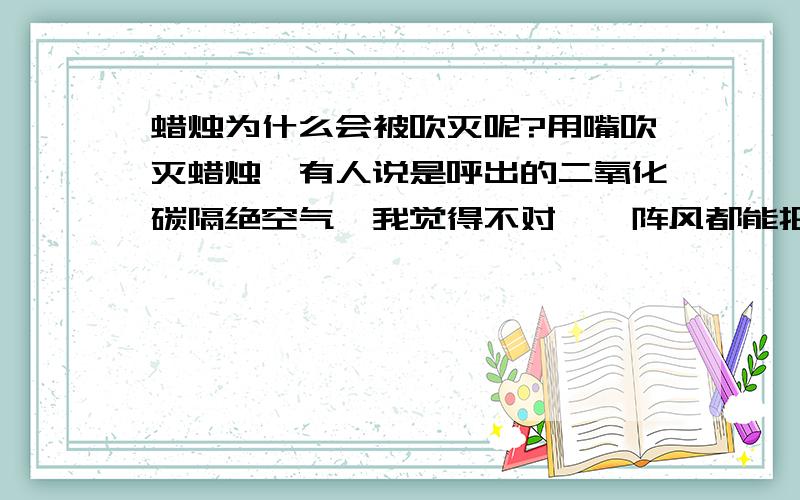 蜡烛为什么会被吹灭呢?用嘴吹灭蜡烛,有人说是呼出的二氧化碳隔绝空气,我觉得不对,一阵风都能把蜡烛吹灭.原理是降低着火点吧.那么假设我有一袋子空气,进行加热,加热到高于火焰的温度,