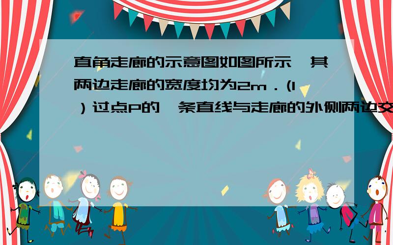 直角走廊的示意图如图所示,其两边走廊的宽度均为2m．(1）过点P的一条直线与走廊的外侧两边交于A,B两点,且与走廊的一边的夹角为Θ（0＜Θ＜π/2）.将线段AB的长度l表示为Θ的函数；（2）一