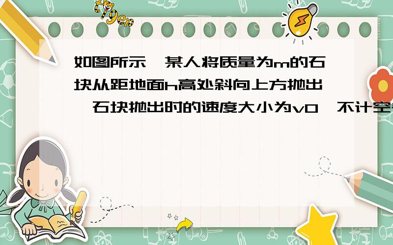 如图所示,某人将质量为m的石块从距地面h高处斜向上方抛出,石块抛出时的速度大小为v0,不计空气阻力,石块落地时的动能为