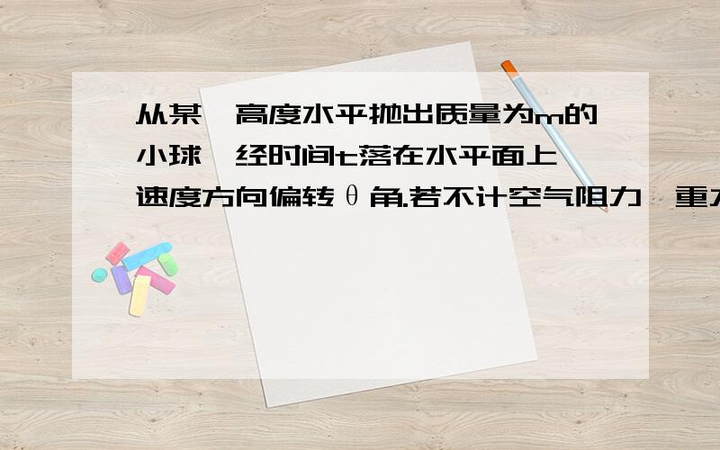 从某一高度水平抛出质量为m的小球,经时间t落在水平面上,速度方向偏转θ角.若不计空气阻力,重力加速度为A.小球抛出的速度大小为gtsinθ B.小球落地时的速度大小为gt/sinθ　　C.小球在飞行过