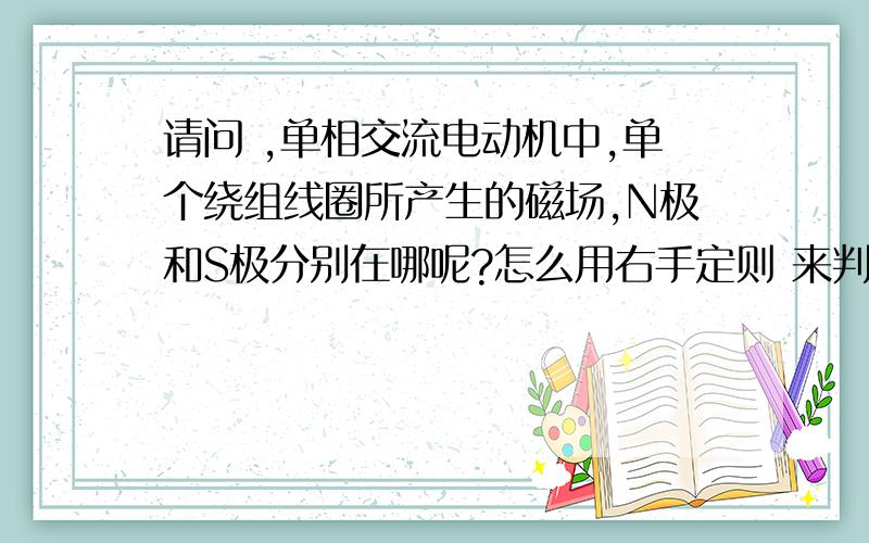 请问 ,单相交流电动机中,单个绕组线圈所产生的磁场,N极和S极分别在哪呢?怎么用右手定则 来判断?