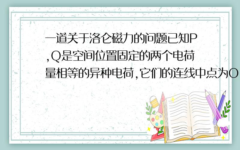 一道关于洛仑磁力的问题已知P,Q是空间位置固定的两个电荷量相等的异种电荷,它们的连线中点为O ,MN是PQ连线的中垂线,两电荷连线与中垂线在纸平面内,在垂直纸面方向有一垂直纸面向里的磁