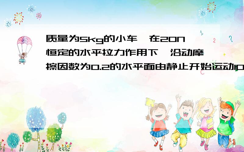 质量为5kg的小车,在20N恒定的水平拉力作用下,沿动摩擦因数为0.2的水平面由静止开始运动100m,g=10m/s^2(1)小车运动100m时的动能(2)小车运动100m的过程中,各个力的功以及合力的功