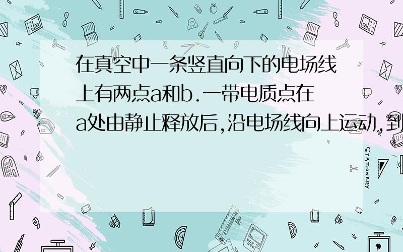 在真空中一条竖直向下的电场线上有两点a和b.一带电质点在a处由静止释放后,沿电场线向上运动,到达b点时速度恰好为零.则下面说法正确的是（）A.a点的场强大于b点的场强.B.质点在b点所受和