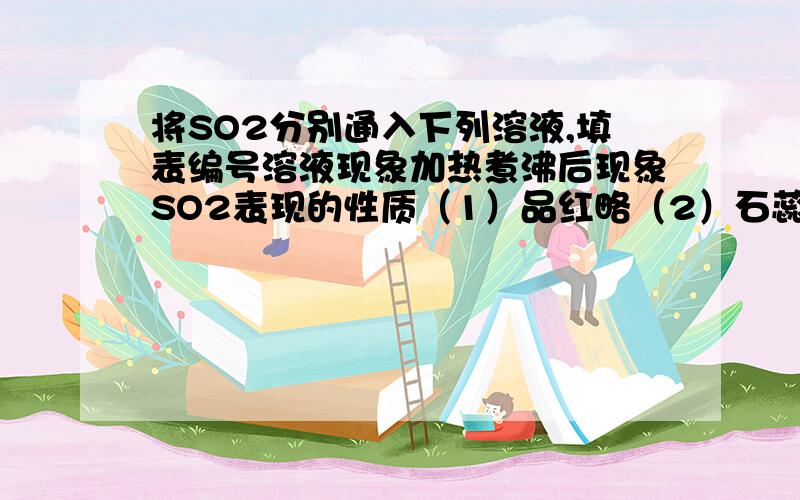 将SO2分别通入下列溶液,填表编号溶液现象加热煮沸后现象SO2表现的性质（1）品红略（2）石蕊试液（3）NaOH+酚酞（4）溴水（5）KMnO4(H+)略（6）H2S略