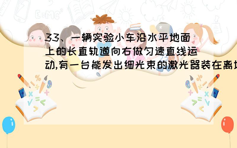 33、一辆实验小车沿水平地面上的长直轨道向右做匀速直线运动,有一台能发出细光束的激光器装在离地面10m的小转台M上,转台可在竖直面内匀速转动,使激光束在竖直平面内扫描,激光束转动方