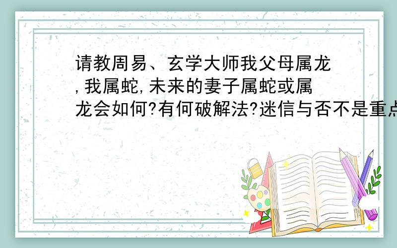 请教周易、玄学大师我父母属龙,我属蛇,未来的妻子属蛇或属龙会如何?有何破解法?迷信与否不是重点,爸妈相信才是症结.爸妈的一些想法根深蒂固,该如何说服他们?林某某的说法在理,但父母