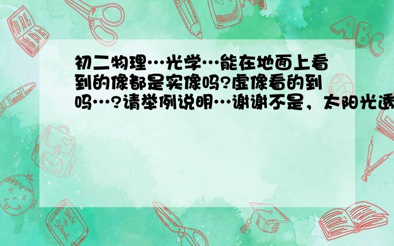 初二物理…光学…能在地面上看到的像都是实像吗?虚像看的到吗…?请举例说明…谢谢不是，太阳光透过树叶缝隙在地面上有圆形的实像…