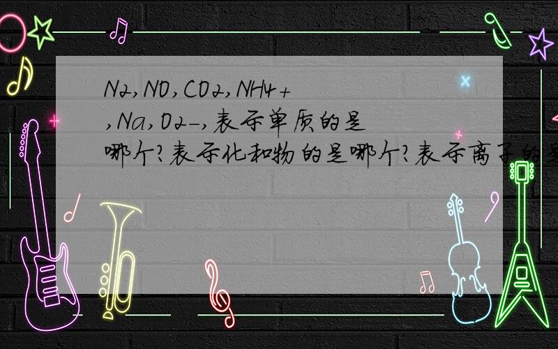 N2,NO,CO2,NH4＋,Na,O2－,表示单质的是哪个?表示化和物的是哪个?表示离子的是哪个?表示一种元素又表示一种原子还表示一种单质的是哪个?