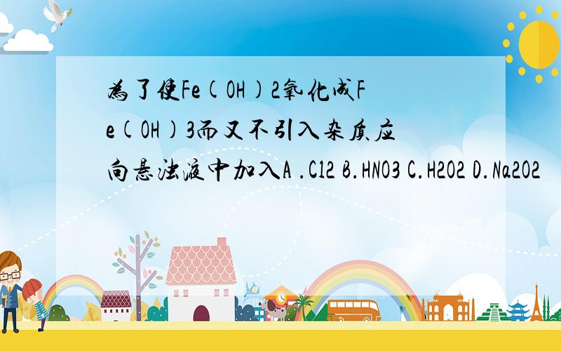 为了使Fe(OH)2氧化成Fe(OH)3而又不引入杂质应向悬浊液中加入A .Cl2 B.HNO3 C.H2O2 D.Na2O2