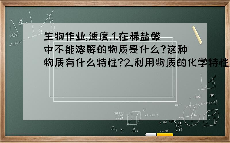 生物作业,速度.1.在稀盐酸中不能溶解的物质是什么?这种物质有什么特性?2.利用物质的化学特性,怎么检验实验结论是否正确?3.骨的主要成分有哪些?4.为什么老年人的行走和坐车安全需要我们