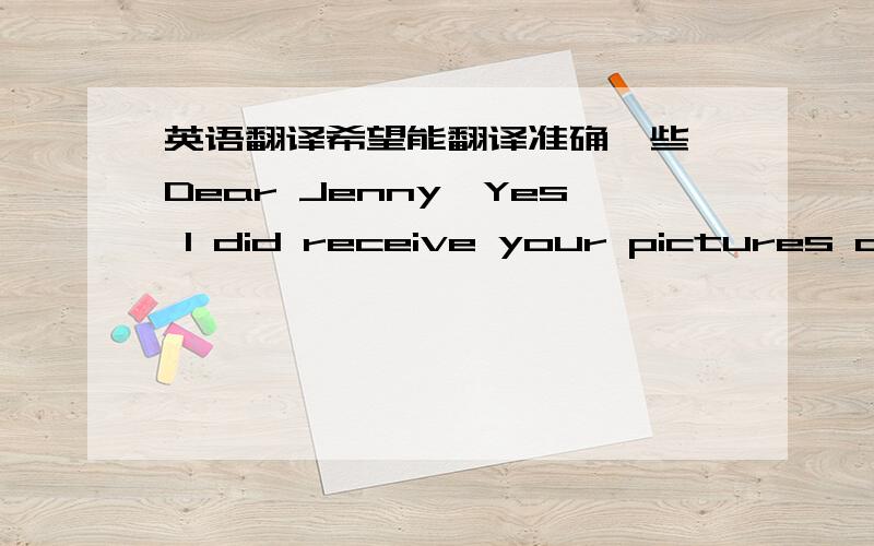 英语翻译希望能翻译准确一些,Dear Jenny,Yes I did receive your pictures and your e-mail address.Thank you very much for your reply.These pictures very different from the ones on your profile.Please fill me in on the order the pictures were