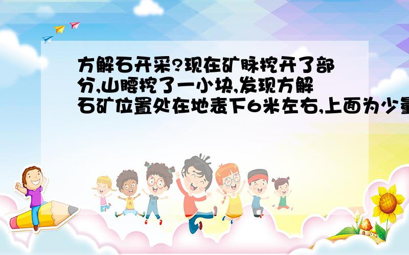 方解石开采?现在矿脉挖开了部分,山腰挖了一小块,发现方解石矿位置处在地表下6米左右,上面为少量土及大约5米厚的岩石层（非方解石,不知道是什么石头）,感觉方解石跟岩石是层状排列的,